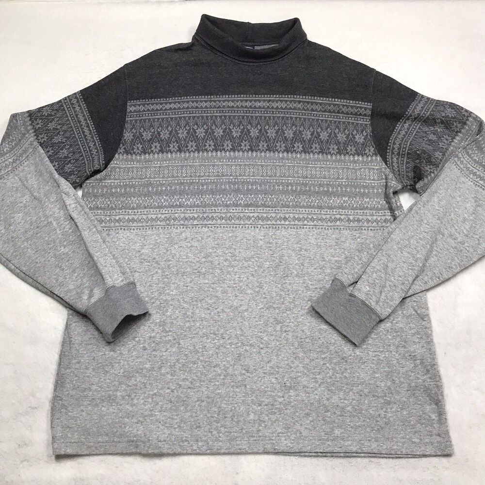 LANDS END Sweater Men XL Gray Fair Isle Turtle Neck Holiday Snowflake Poinsettia